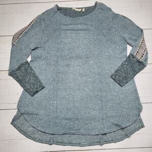Soft Surroundings Long Crochet Sleeve Knit Tunic Top Blue Gray Crew Neck XL